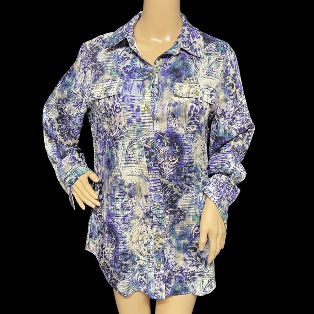 Chicos Purple 1 All Over Floral Print Tab Sleeve Button Up Shirt w/ Pockets EUC - Picture 2 of 14